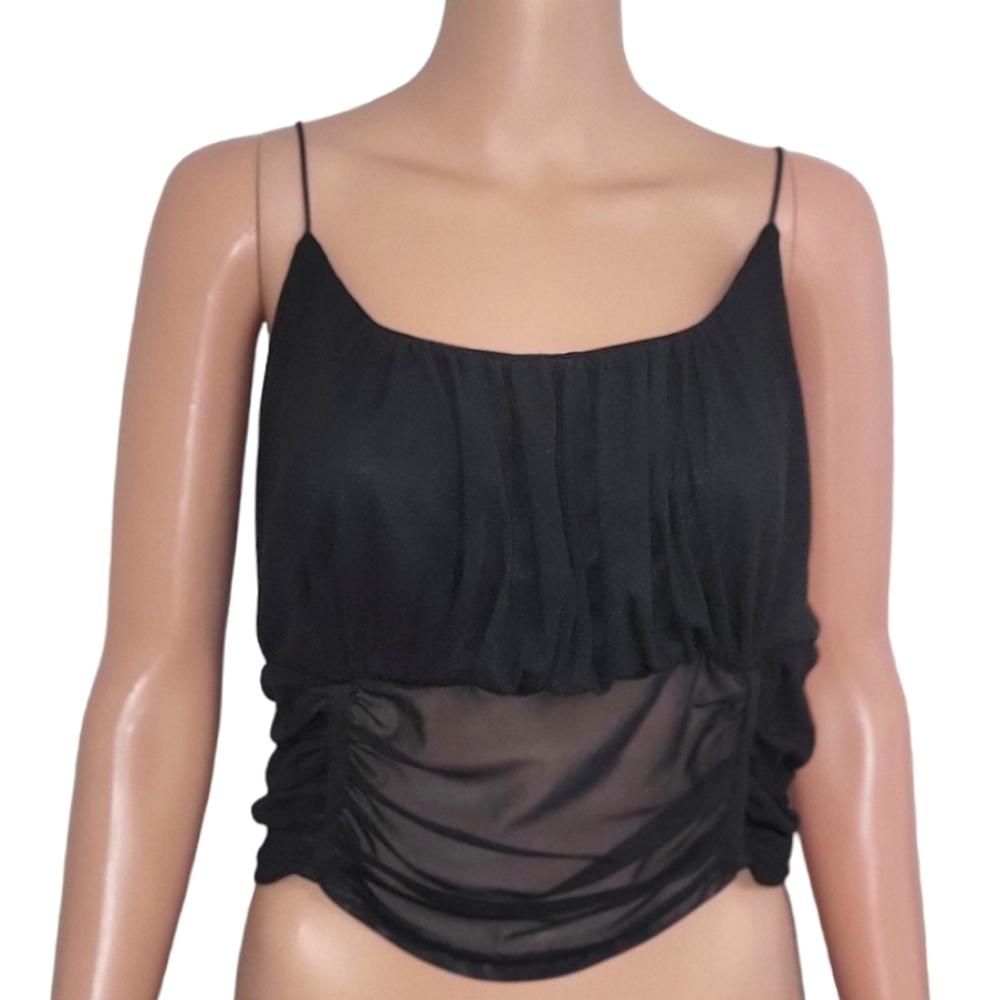 Black rouched spaghetti strap top.